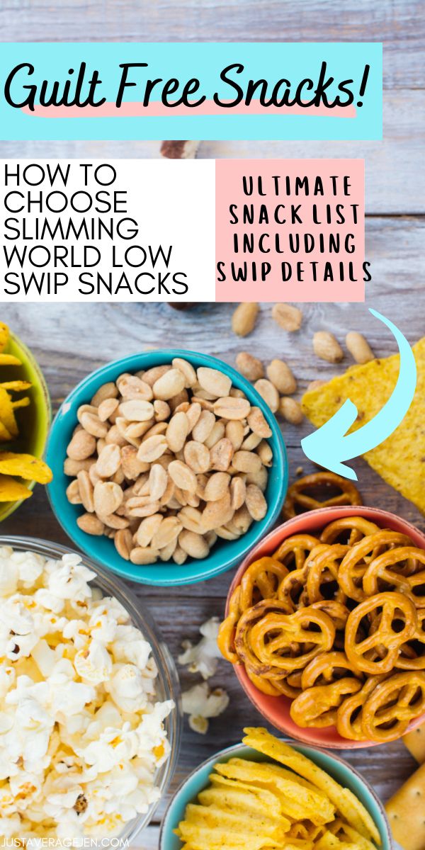 Bowls of popcorn, peanuts, pretzels, tortilla chips, and crisps are arranged on a wooden surface. Text reads: “Guilt Free Snacks! How to choose low syn Slimming World snacks. Ultimate snack list including SYN details.”.