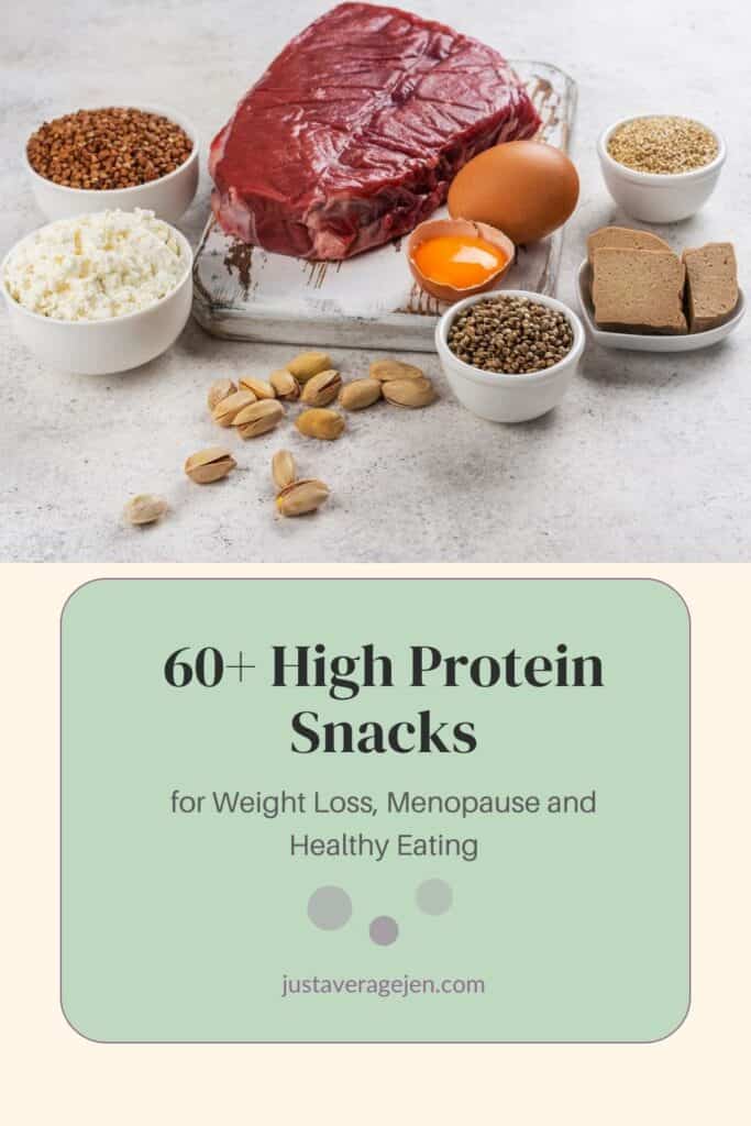 A variety of high-protein foods, perfect as protein snacks, including raw steak, eggs, cottage cheese, nuts, lentils, and crispbread. Text below: “60+ high protein snacks for weight loss, menopause and healthy eating. ”.