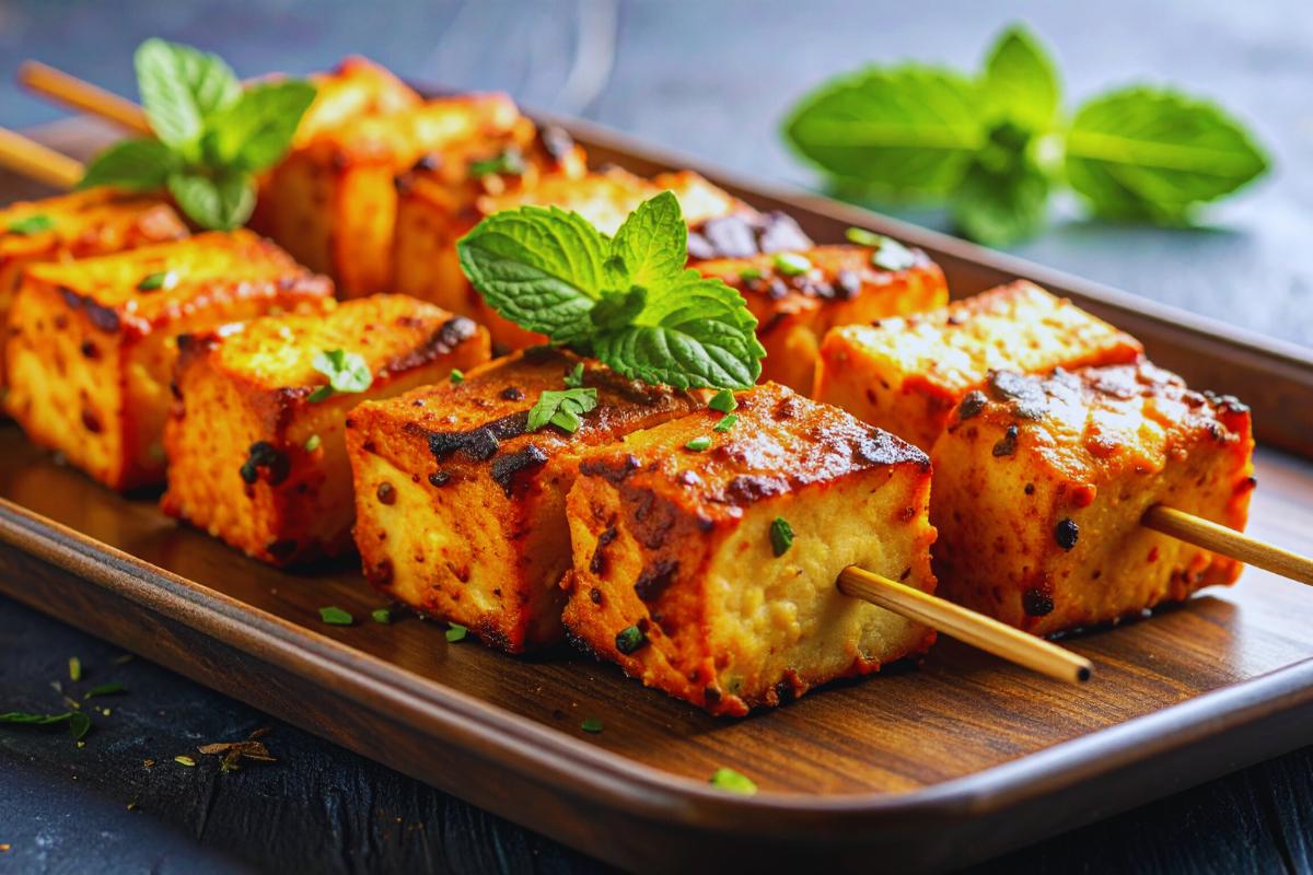 Close-up of grilled paneer tikka skewers, a healthy Indian snack, garnished with fresh mint leaves and served on a wooden tray, with a blurred background of more mint leaves.