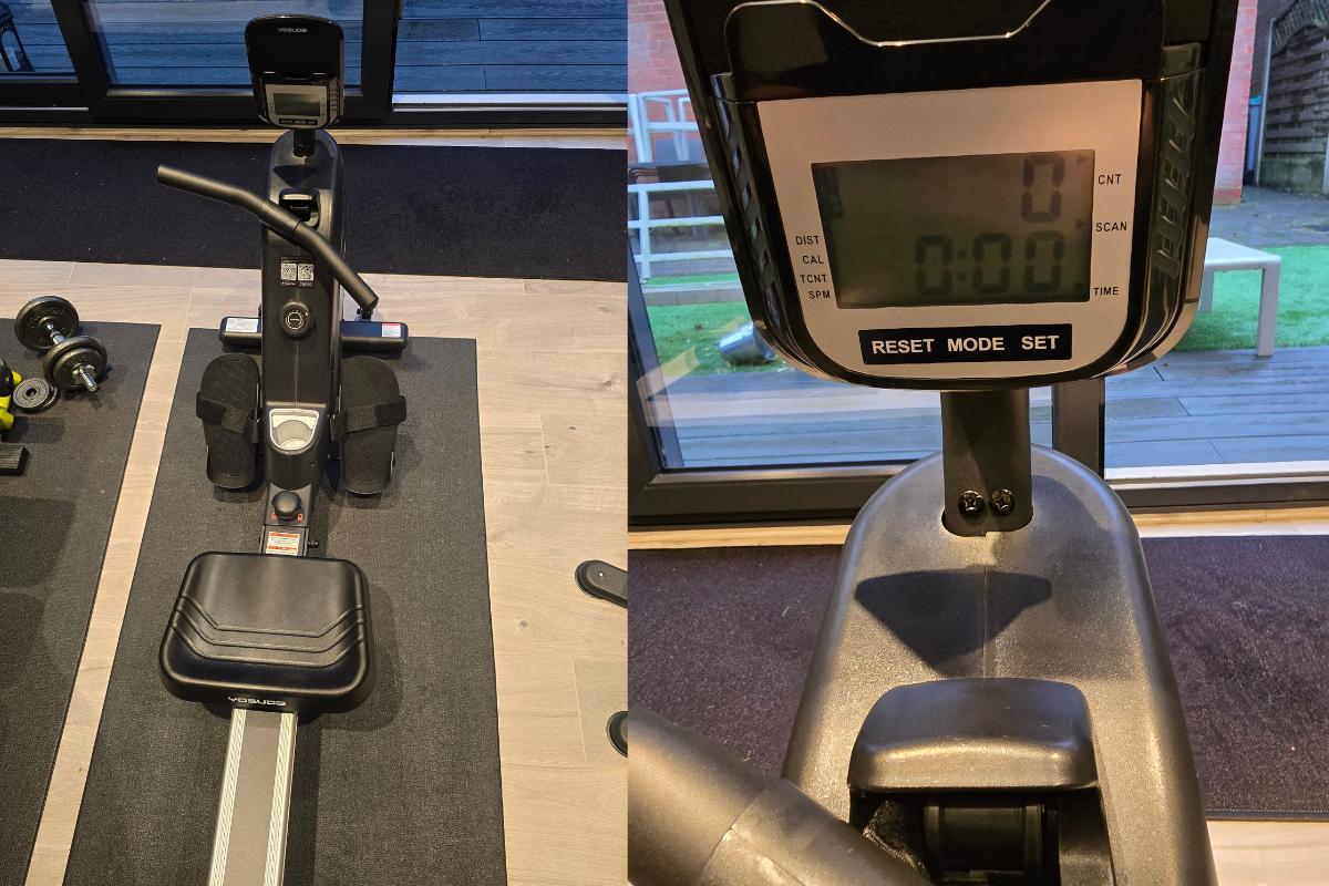 A collage featuring an exercise bike and highlights from the Yosuda RM4 rowing machine, offering inspiration for your fitness journey.