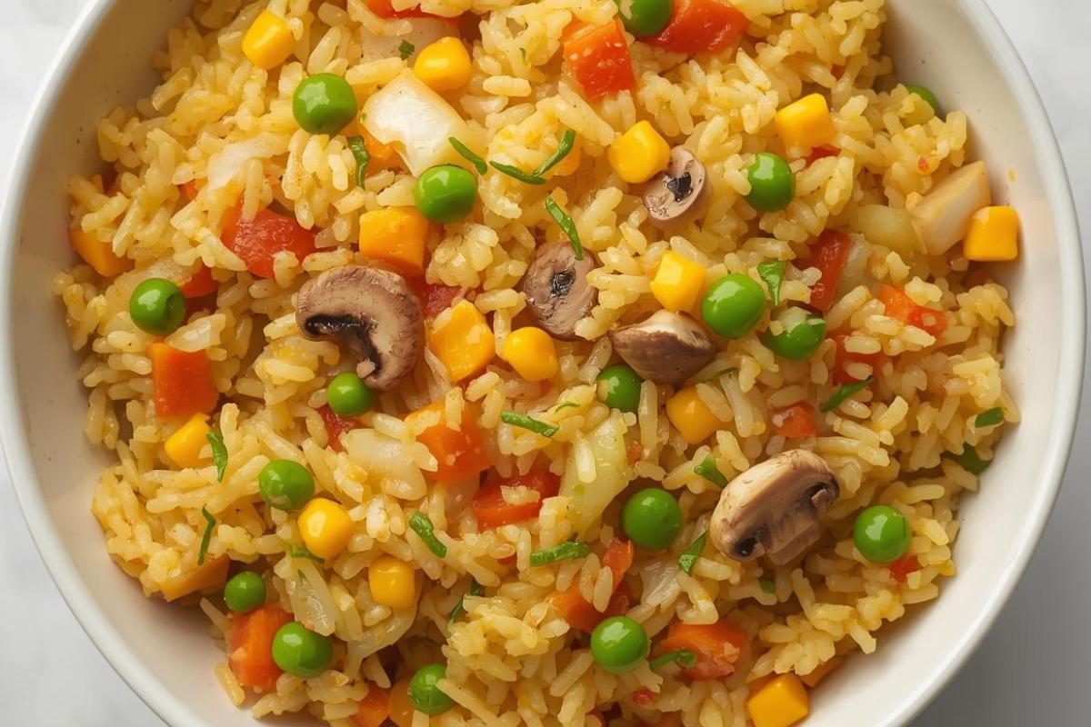 A bowl of colourful, easy low-calorie rice with peas, sweetcorn, carrots, red peppers, mushrooms, and diced onions, garnished with chopped chives.