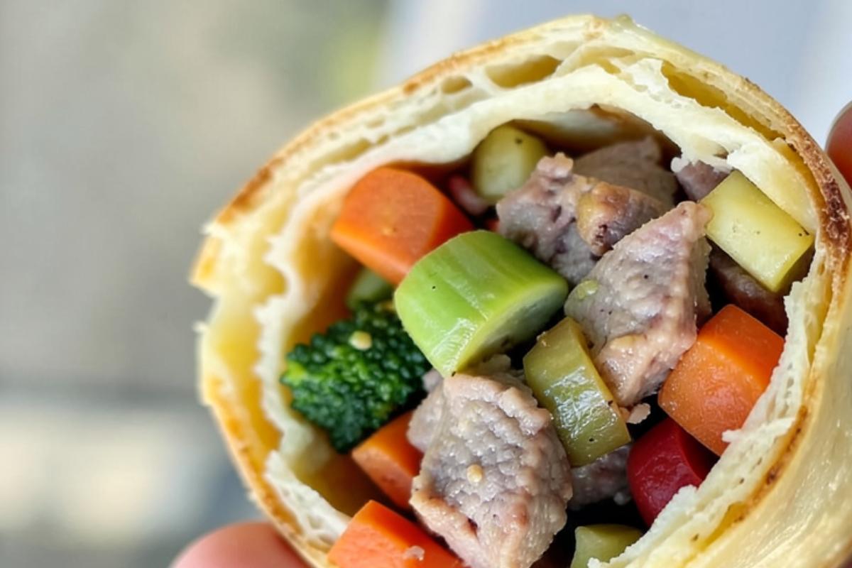 A close-up of a hand holding a Yorkshire pudding wrap filled with diced meat, broccoli, carrots, and other mixed vegetables.