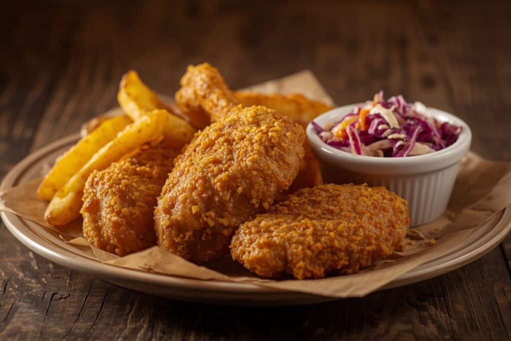 A plate of fried chicken, thick-cut chips, and a small bowl of coleslaw on a wooden table.