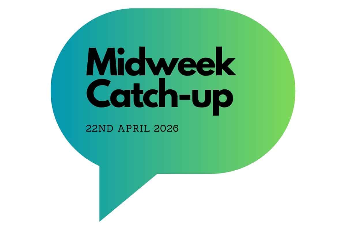 A green and blue speech bubble with "midweek catch-up" in bold black letters and "22 april 2026" in smaller black letters beneath.