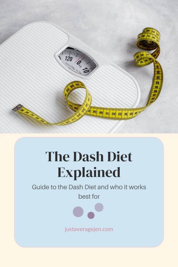 A white bathroom scale with a yellow measuring tape is shown above a text box that reads, "the dash diet explained. Guide to the dash diet and who it works best for.