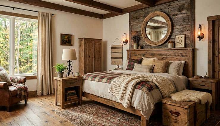 A cosy rustic bedroom with wooden furniture, checked bedding, a large round mirror above the bed, a patterned rug, and a window with beige curtains letting in natural light. Plants and decor add warmth to the space.