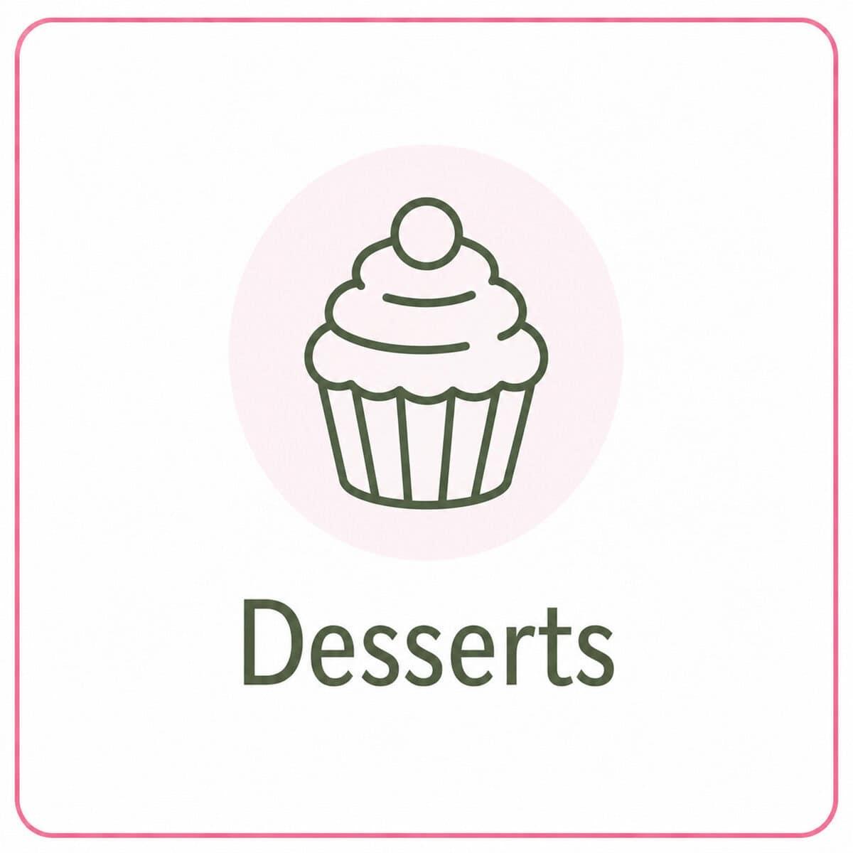 A simple line drawing of a cupcake with a cherry on top above the word "desserts", all within a rounded pink-bordered square—perfect for fans of healthy recipes with a sweet twist.