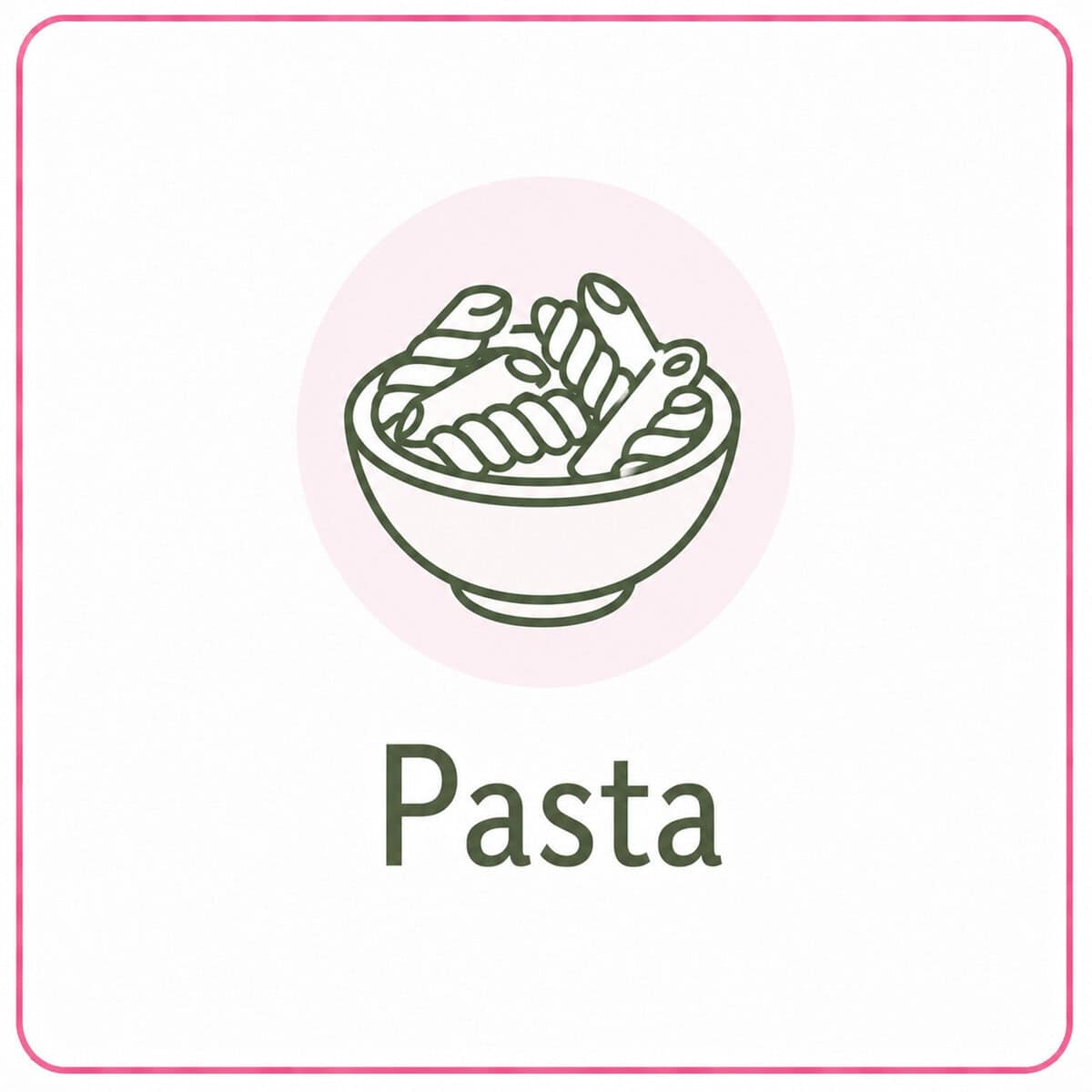 A simple line drawing of a bowl filled with rotini pasta, centred above the word "pasta" in bold letters, all within a rounded pink-bordered square—perfect for featuring healthy recipes.