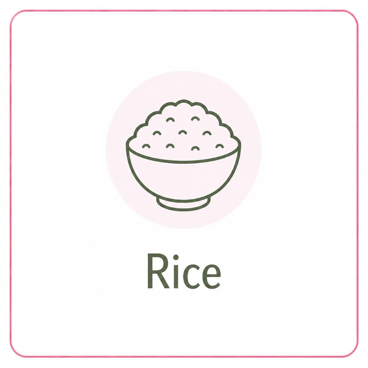 A simple line drawing of a bowl filled with rice is centred above the word "rice" in bold letters, all within a rounded square border—perfect for discovering healthy recipes.