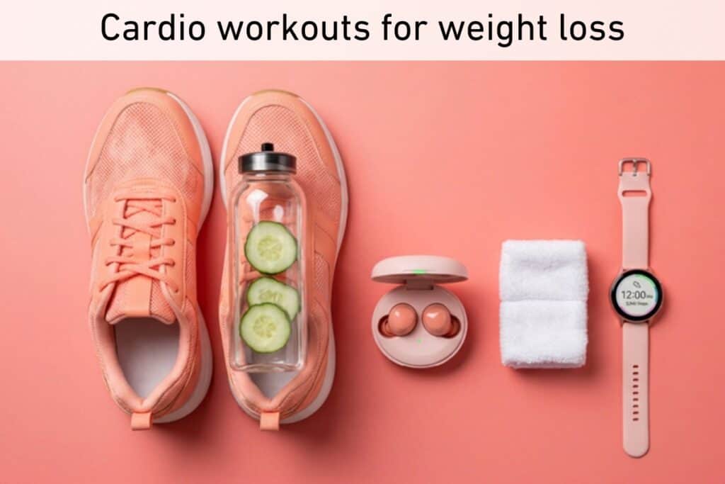 Pink trainers, a water bottle with cucumber slices, wireless earphones in a case, a folded white towel, and a smartwatch are arranged on a pink background under the text “cardio exercise workouts for weight loss. ”.