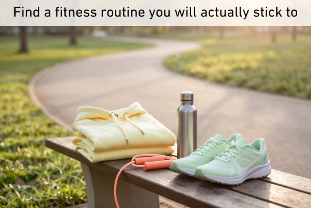 A park bench with a yellow hoodie, metal water bottle, skipping rope, and light green running trainers sits by a path—ready for your next exercise session. Text above reads: "find a fitness routine you will actually stick to.