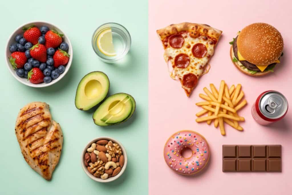 Two sides: left has good foods like berries, chicken, avocado, nuts, and water to represent balanced nutrition; right features bad foods such as pizza, burger, chips, doughnut, chocolate, and fizzy drink. Backgrounds are pastel green (left) and pink (right).
