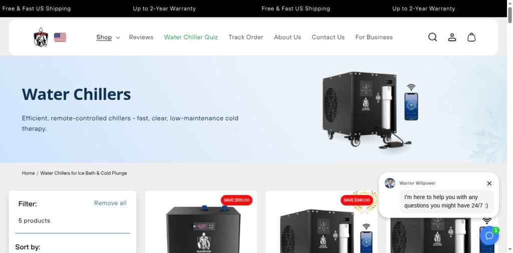 Website page showing “water chillers” for bath and cold plunge. Two black chiller units are displayed, one larger and one smaller, each with a digital controller. Navigation menu and chat support pop-up are also visible.