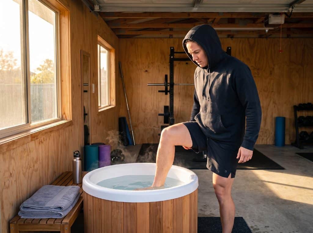 A person in a black hoodie and shorts tests the water in a small wooden tub in a gym with wooden walls, exercise equipment, towels, and a water bottle nearby.