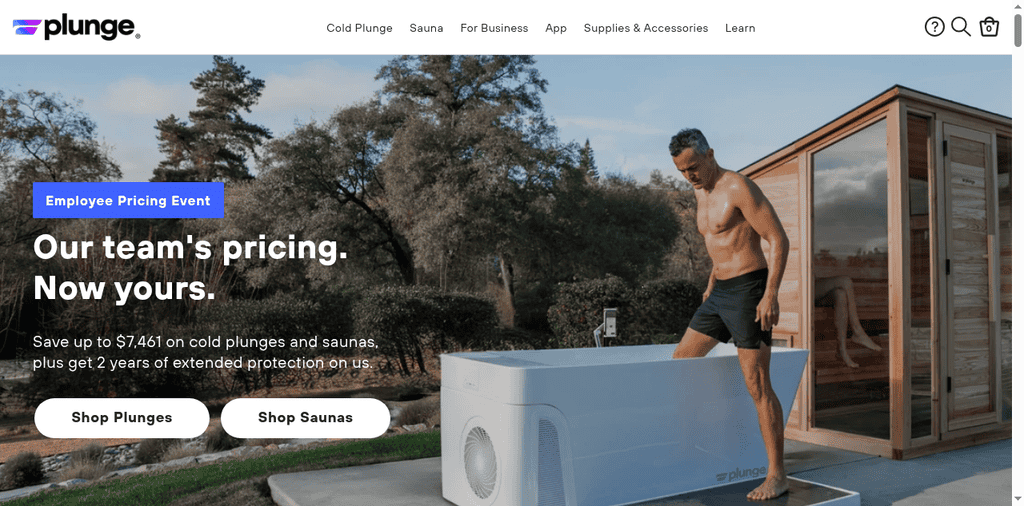 A man in black swimming trunks steps into an outdoor cold plunge tub next to a wooden sauna. Text on the image promotes staff pricing on cold plunges and saunas from the brand plunge.