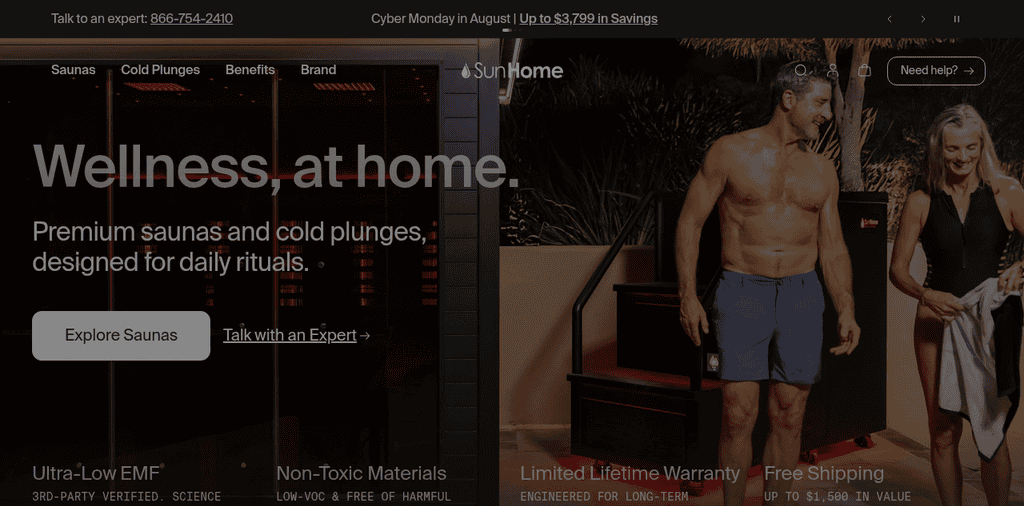 Website homepage showing sauna and cold plunge products. Left: text about wellbeing and daily rituals. Right: two people in swimwear, one holding a towel, standing near a hot tub or sauna. Navigation links are at the top.