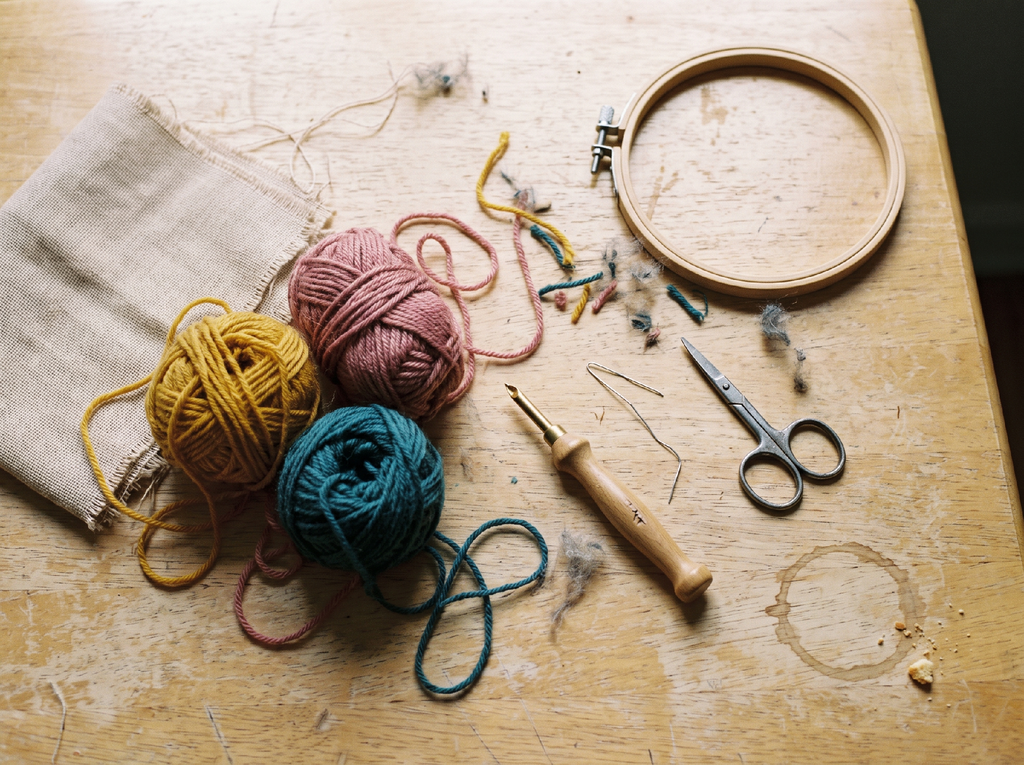 Three balls of wool, fabric, embroidery hoop, scissors, needle, and a punch tool rest on a wooden table with threads and a coffee cup ring—a perfect scene for some screen-free self-care through punch needle embroidery.