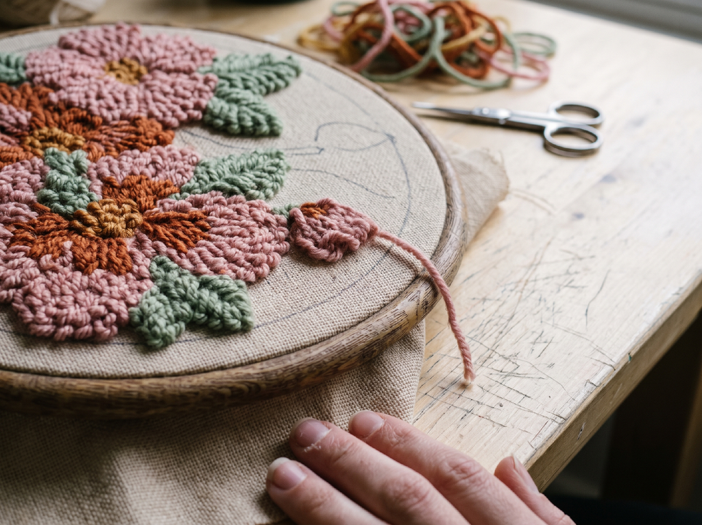 A hand rests on a table next to an embroidery hoop with pink and green floral wool designs, perfect for screen-free self-care. Scissors and colourful wool scraps are in the background.
