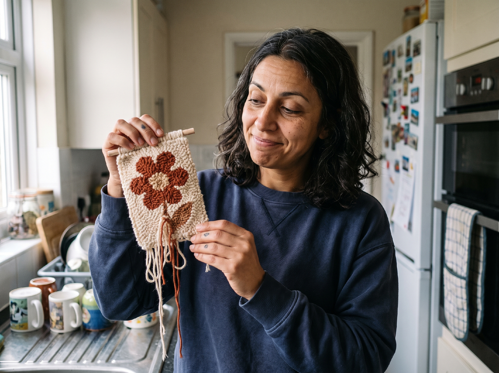 A person in a kitchen smiles whilst holding up a handmade woven wall hanging, created using punch needle embroidery, featuring a brown and orange flower design.