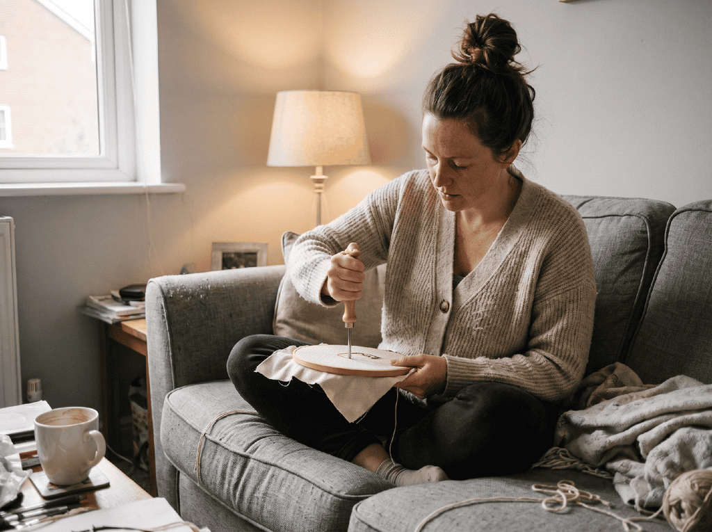 A woman sits cross-legged on a grey sofa, focused on punch needle embroidery, carefully working fabric held in a wooden hoop. A mug, blanket, and lamp are nearby, creating a cosy indoor setting perfect for self-care and screen-free relaxation.