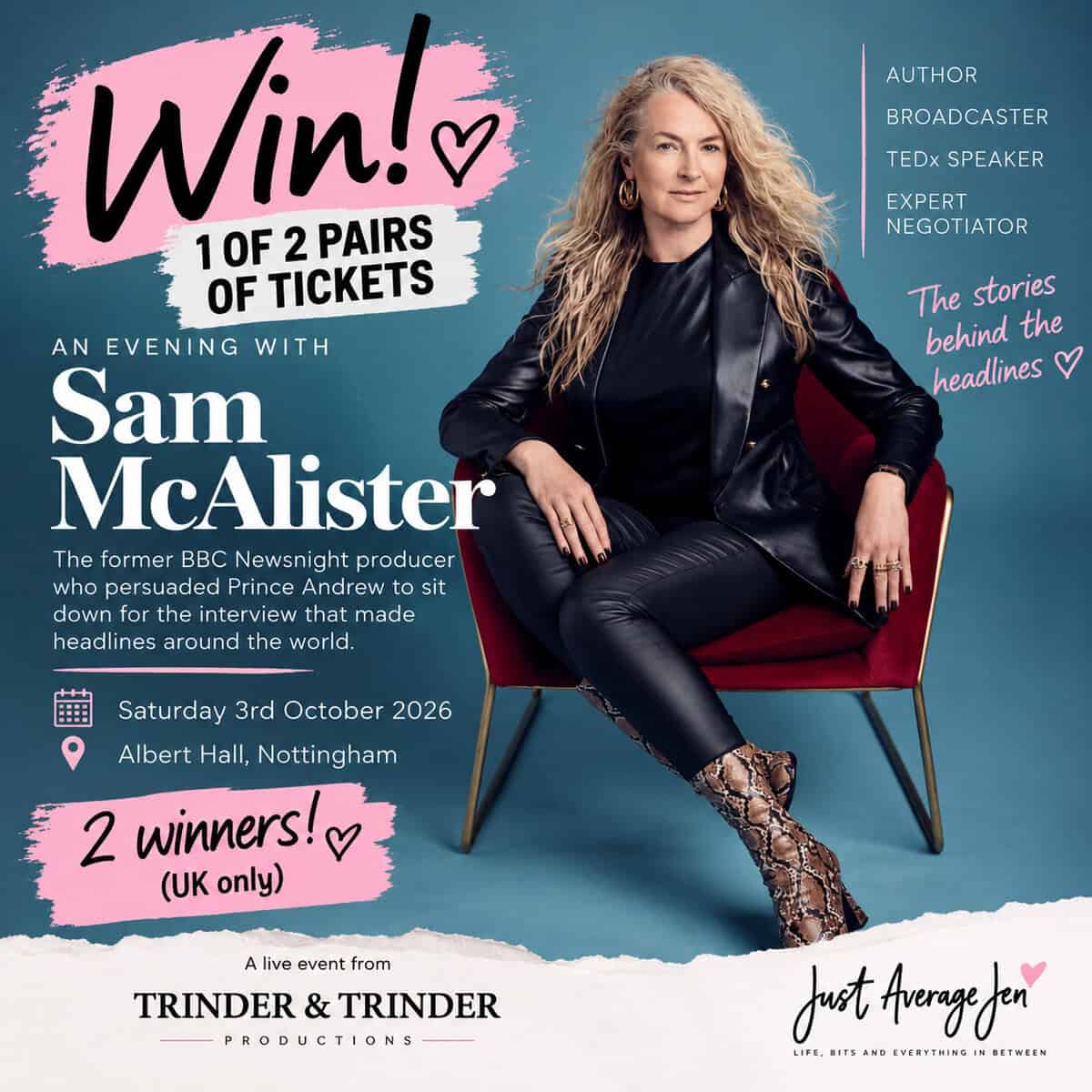 Promotional poster for “an evening with sam mcalister”, offering a chance to win uk event tickets, with event details and sam mcalister’s professional credentials listed.