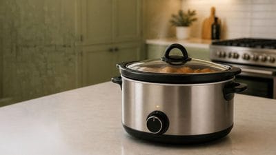 A stainless steel slow cooker with a glass lid sits on a kitchen worktop, with food visible inside. A cooker, cupboards, and potted plant are in the background.