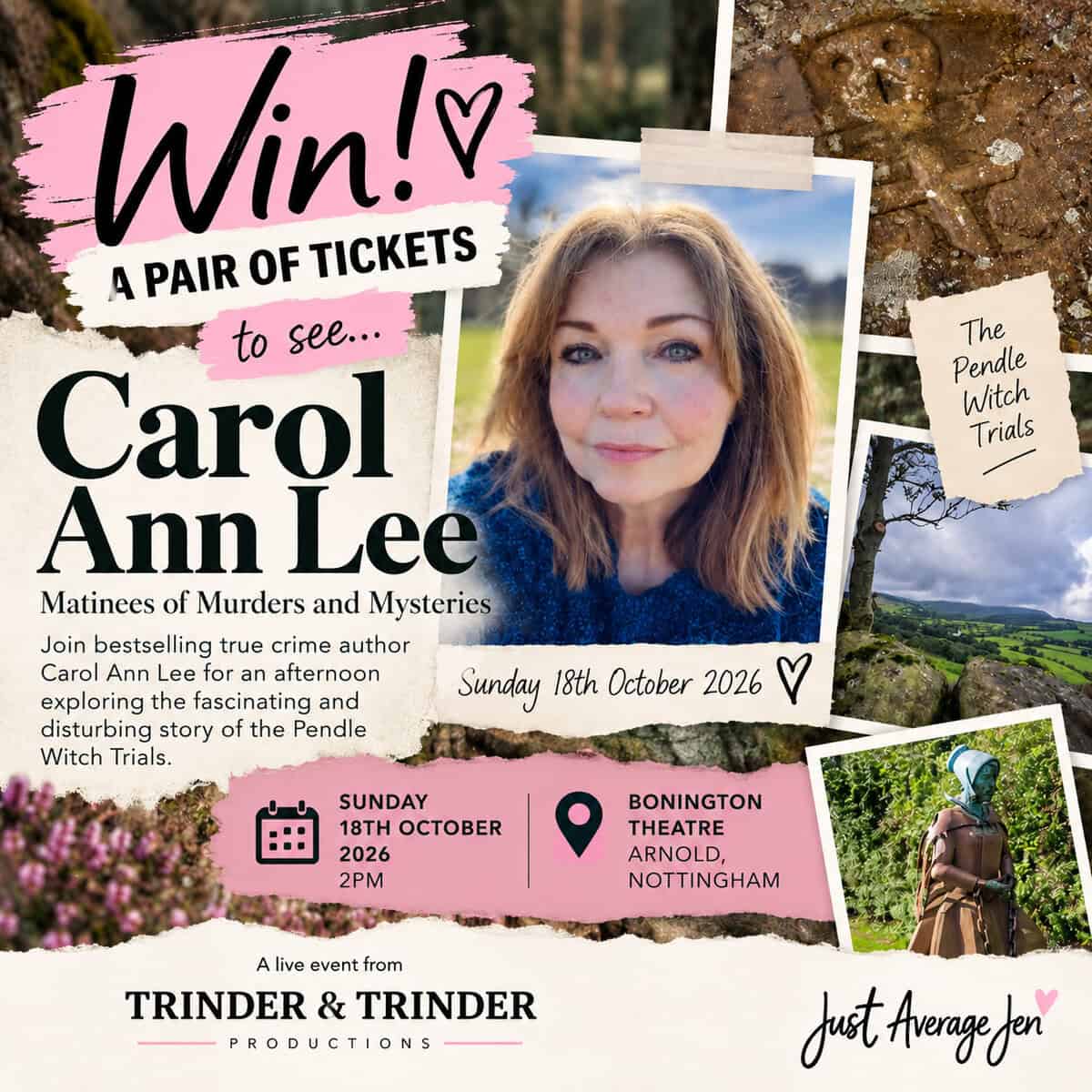 Promotional poster for an event with author carol ann lee discussing the pendle witch trials at the bonington theatre on 18 october 2026.