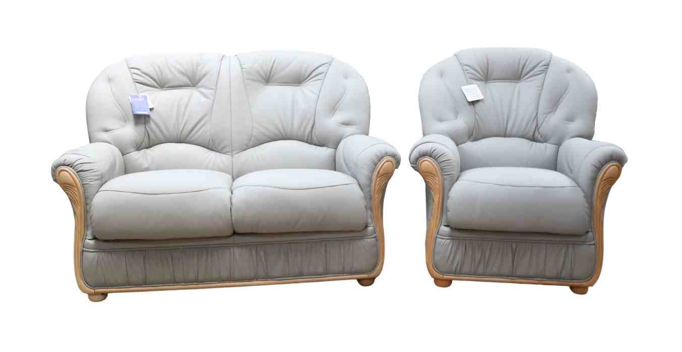 Debora light grey leather two-seater sofa with matching armchair