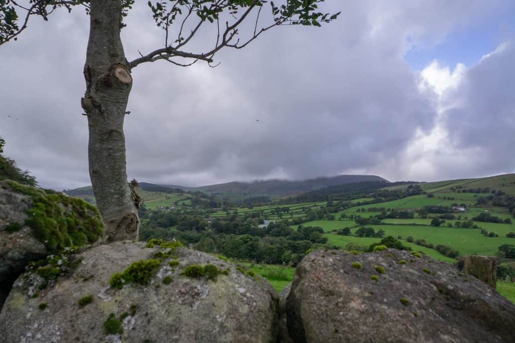A mossy stone wall and a tree in the foreground overlook a green, hilly valley under a cloudy sky.